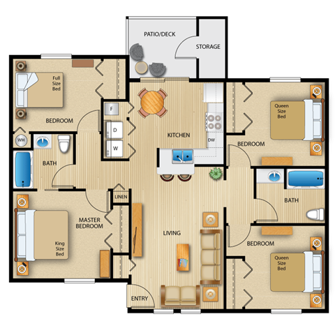 Floor plan for 4 beds, 2 baths, 1236 sqft