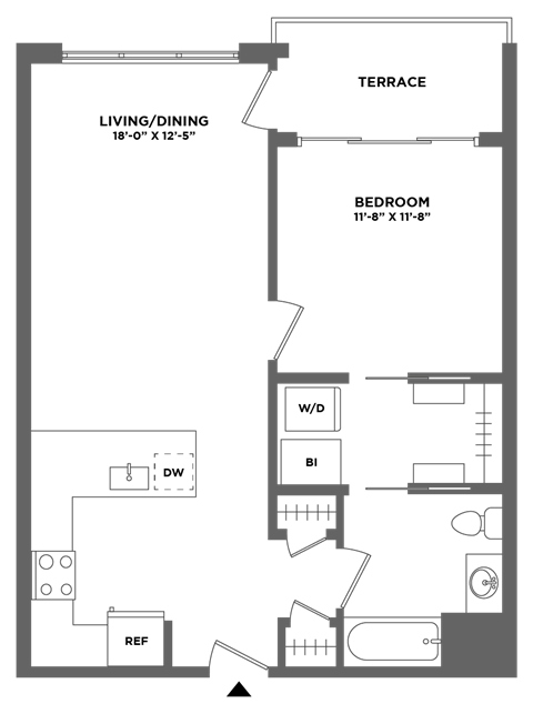 Floor plan for 1 bed, 1 bath, 757 sqft