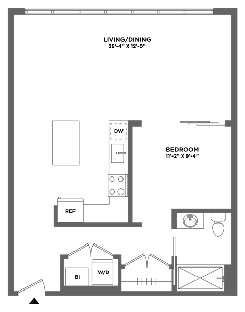 Floor plan for 1 bed, 1 bath, 740 sqft