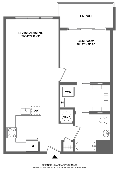 Floor plan for 1 bed, 1 bath, 791 sqft