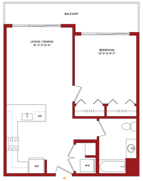 Floor plan for 1 bed, 1 bath, 684 sqft