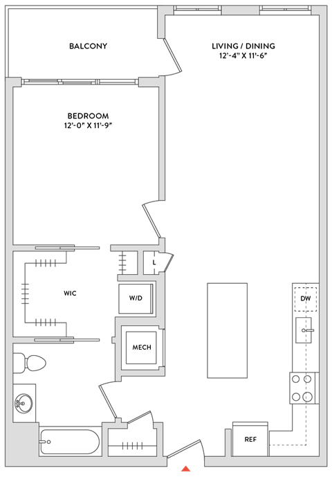 Floor plan for 1 bed, 1 bath, 764 sqft