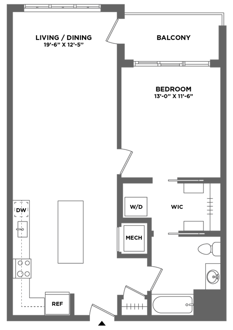 Floor plan for 1 bed, 1 bath, 868 sqft