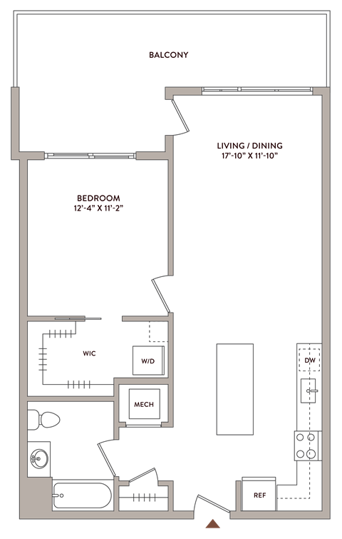 Floor plan for 1 bed, 1 bath, 770 sqft