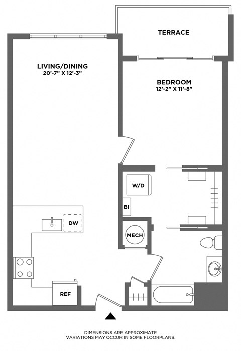 Floor plan for 1 bed, 1 bath, 791 sqft