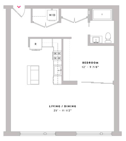 Floor plan for 1 bed, 1 bath, 740 sqft