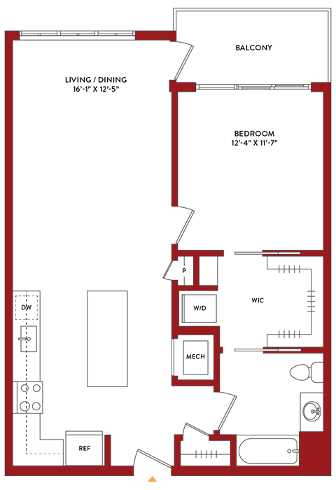 Floor plan for 1 bed, 1 bath, 810 sqft