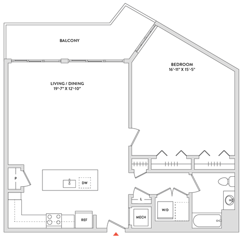 Floor plan for 1 bed, 1 bath, 1100 sqft