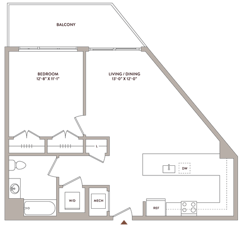 Floor plan for 1 bed, 1 bath, 773 sqft