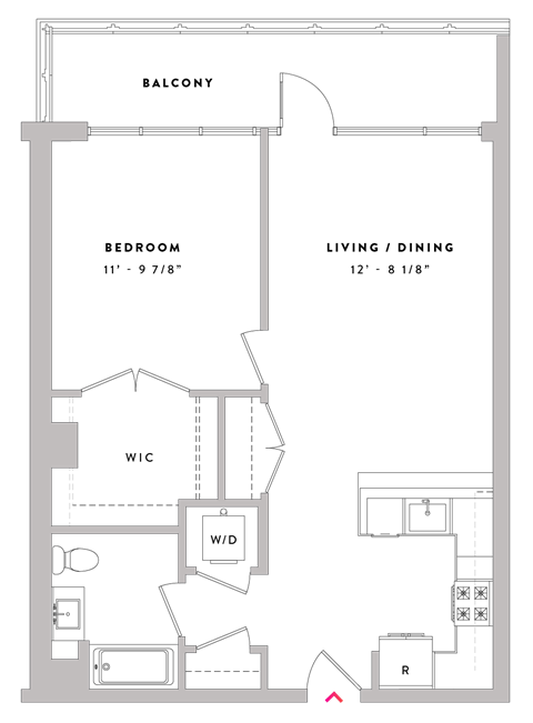Floor plan for 1 bed, 1 bath, 720 sqft