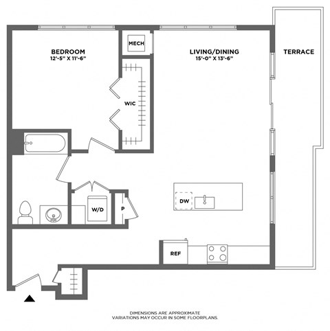 Floor plan for 1 bed, 1 bath, 906 sqft