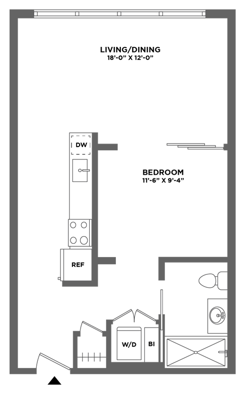 Floor plan for 1 bed, 1 bath, 628 sqft