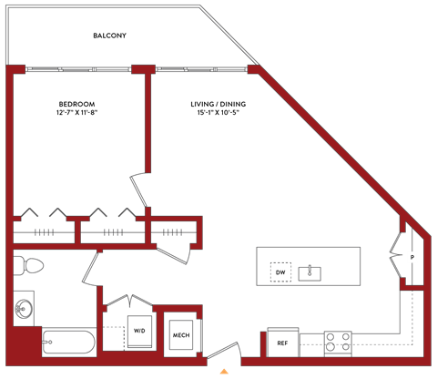 Floor plan for 1 bed, 1 bath, 826 sqft
