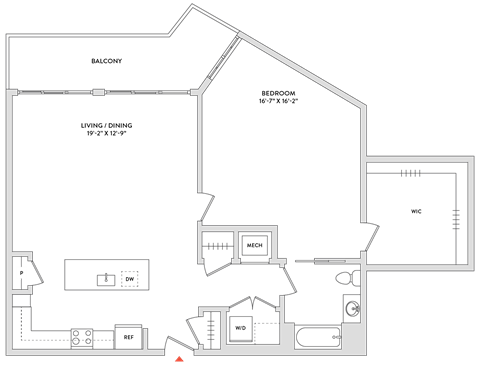 Floor plan for 1 bed, 1 bath, 968 sqft