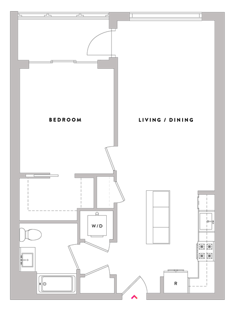 Floor plan for 1 bed, 1 bath, 782 sqft