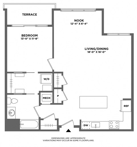 Floor plan for 1 bed, 1 bath, 930 sqft