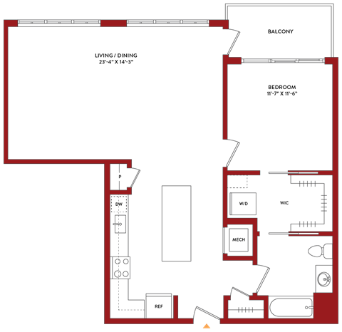 Floor plan for 1 bed, 1 bath, 949 sqft
