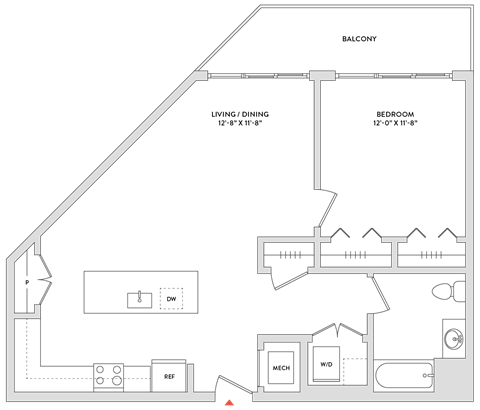 Floor plan for 1 bed, 1 bath, 838 sqft