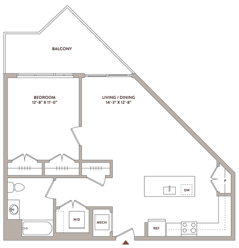 Floor plan for 1 bed, 1 bath, 800 sqft