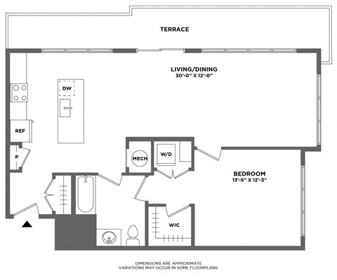 Floor plan for 1 bed, 1 bath, 965 sqft