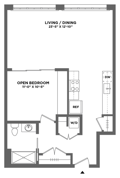 Floor plan for 1 bed, 1 bath, 783 sqft