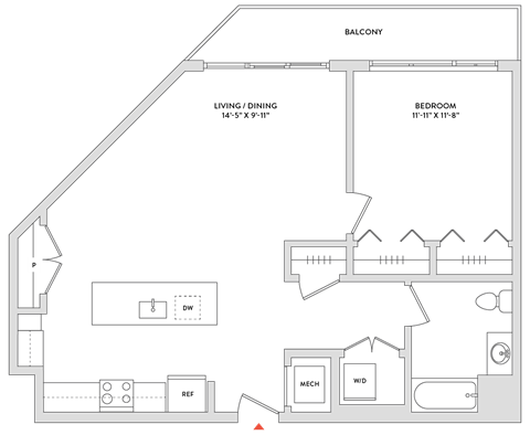 Floor plan for 1 bed, 1 bath, 858 sqft