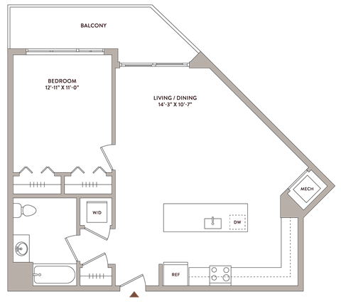 Floor plan for 1 bed, 1 bath, 920 sqft