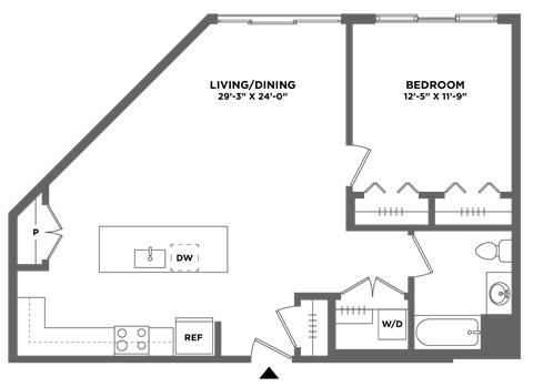 Floor plan for 1 bed, 1 bath, 845 sqft