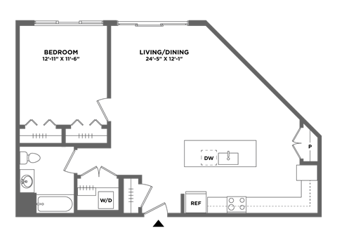 Floor plan for 1 bed, 1 bath, 901 sqft