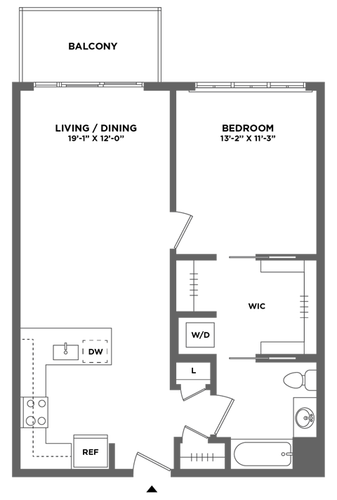 Floor plan for 1 bed, 1 bath, 801 sqft