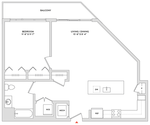 Floor plan for 1 bed, 1 bath, 859 sqft