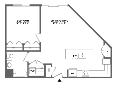 Floor plan for 1 bed, 1 bath, 831 sqft