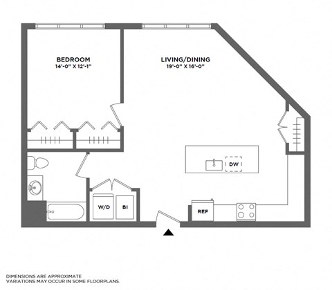 Floor plan for 1 bed, 1 bath, 814 sqft