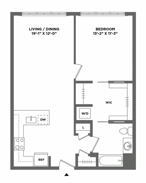 Floor plan for 1 bed, 1 bath, 801 sqft
