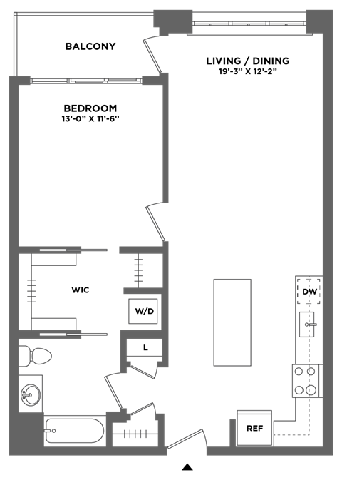 Floor plan for 1 bed, 1 bath, 801 sqft