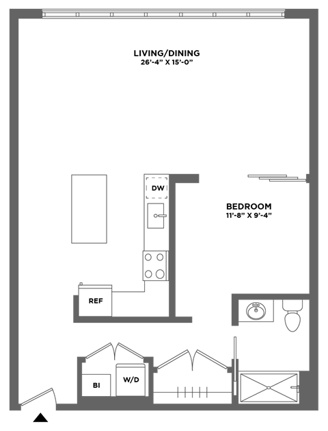Floor plan for 1 bed, 1 bath, 895 sqft