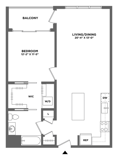 Floor plan for 1 bed, 1 bath, 822 sqft