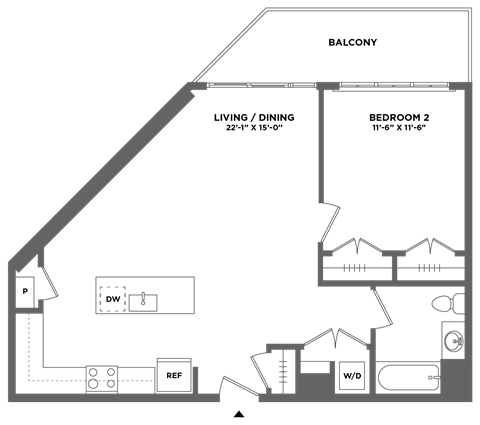 Floor plan for 1 bed, 1 bath, 838 sqft