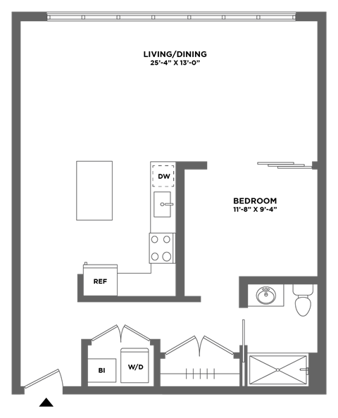 Floor plan for 1 bed, 1 bath, 838 sqft