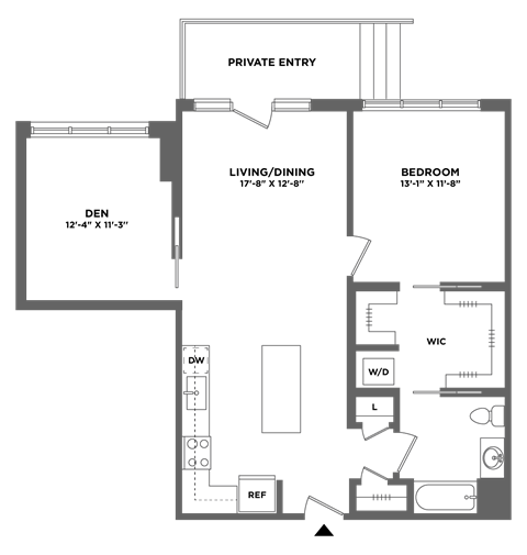 Floor plan for 1 bed, 1 bath, 921 sqft