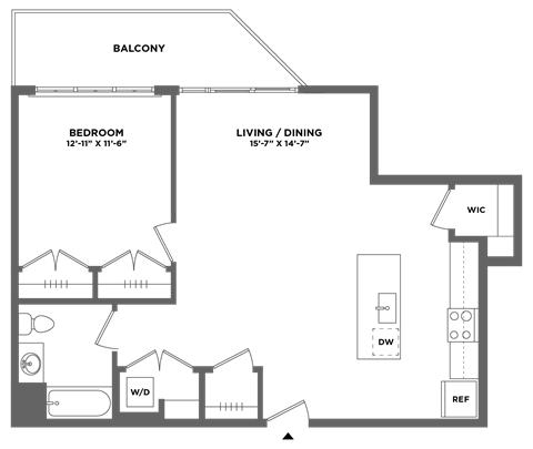 Floor plan for 1 bed, 1 bath, 842 sqft