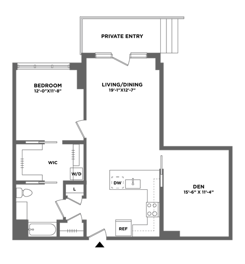 Floor plan for 1 bed, 1 bath, 981 sqft