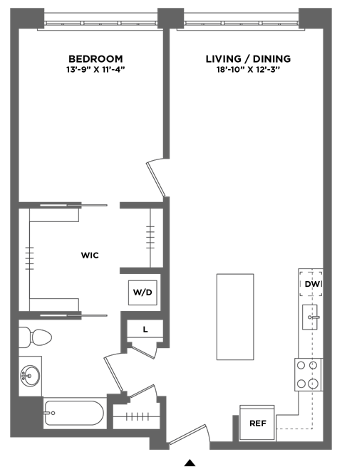 Floor plan for 1 bed, 1 bath, 848 sqft