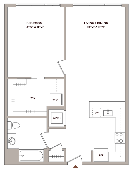 Floor plan for 1 bed, 1 bath, 780 sqft