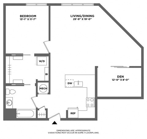 Floor plan for 1 bed, 1 bath, 1039 sqft
