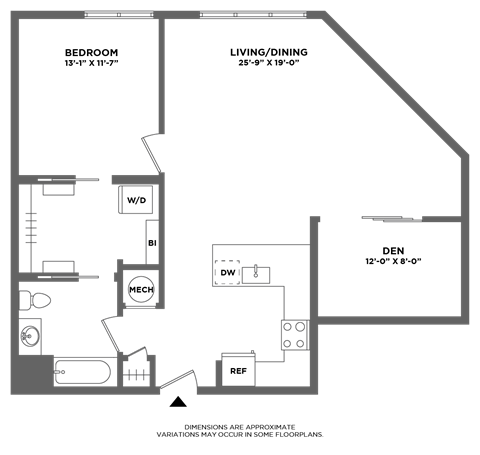 Floor plan for 1 bed, 1 bath, 1039 sqft