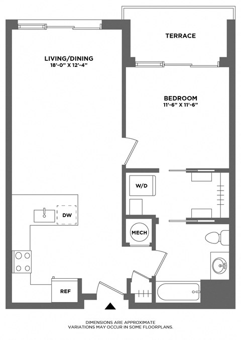 Floor plan for 1 bed, 1 bath, 763 sqft