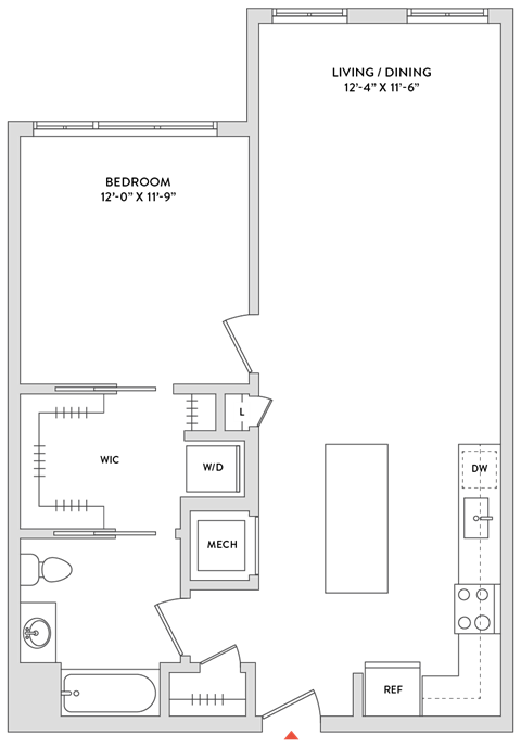 Floor plan for 1 bed, 1 bath, 764 sqft