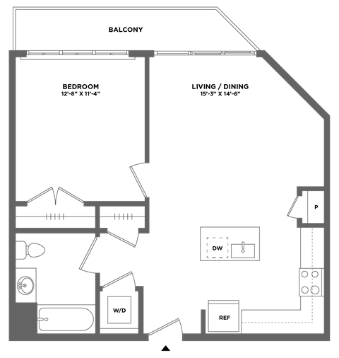 Floor plan for 1 bed, 1 bath, 679 sqft
