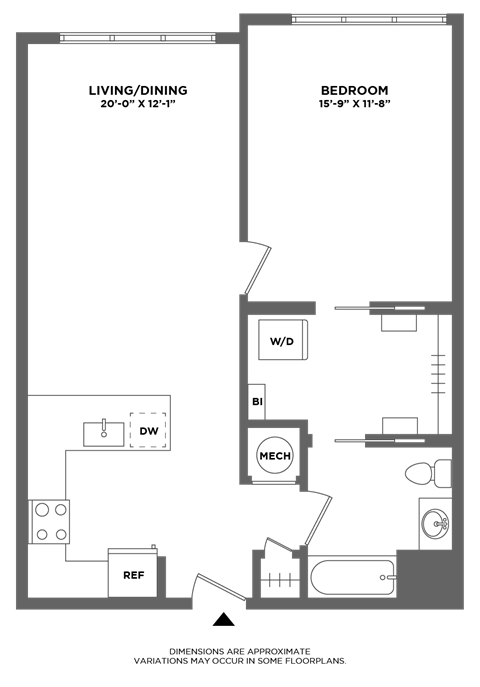 Floor plan for 1 bed, 1 bath, 841 sqft